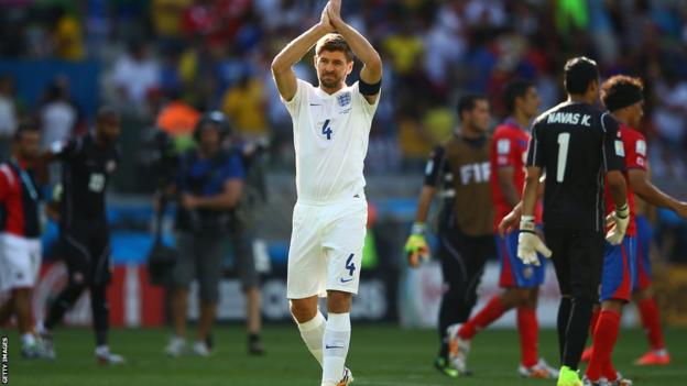 Steven Gerrard acknowledges the fans after his final England appearance, against Costa Rica in the 2014 Fifa World Cup