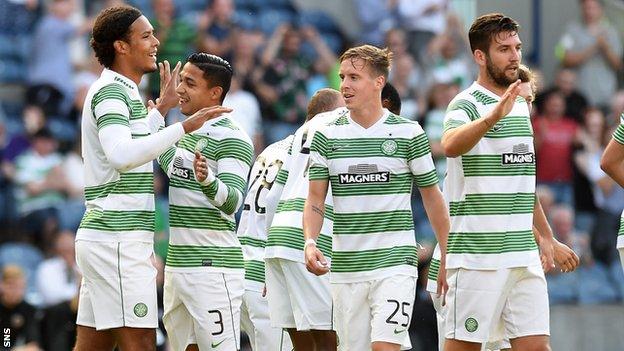 Virgil van Dijk, left, grabbed two goals as Celtic beat KR Reykjavik 4-0 on Tuesday for a 5-0 aggregate victory in the second round of Champions League qualifying