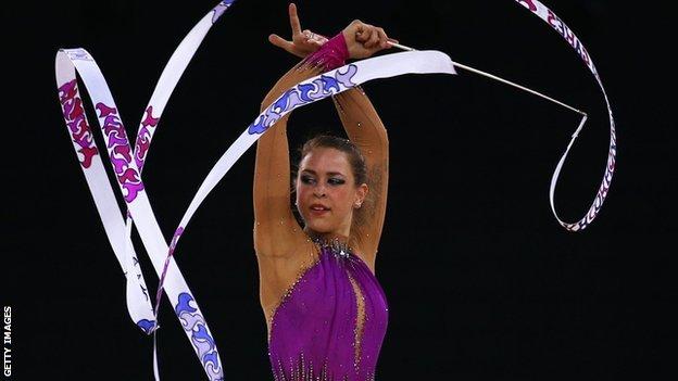 Francesca Jones of Wales competes in the ribbon section in Glasgow