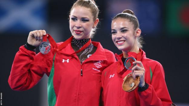 Frankie Jones and Laura Halford won silver and bronze in the individual all-around rhythmic gymnastics final.