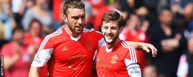 Rickie Lambert and Adam Lallana during the Premiership between Southampton and Manchester United