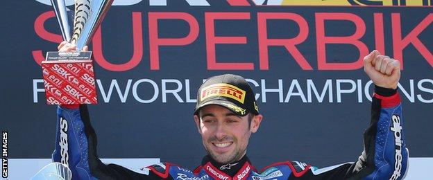 Eugene Laverty celebrates after taking victory in his first race for Crescent Suzuki in February