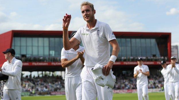 England's Stuart Broad celebrates the 12th five-wicket haul of his Test career