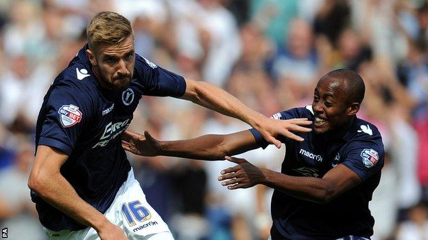 Millwall's Mark Beevers (left) is congratulated by Millwall's Nadjim Abdou