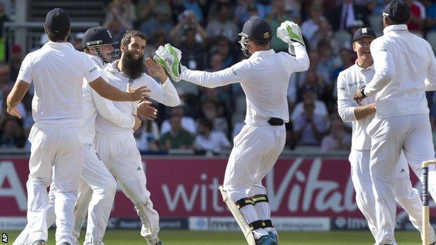 Moeen Ali celebrates another wicket at Old Trafford