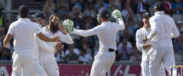 England's Moeen Ali celebrates a wicket