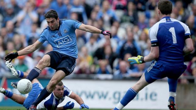 Dublin forward Bernard Brogan scores his side's second goal in their convincing 2-22 to 0-11 victory over Monaghan in the All-Ireland quarter-final at Croke Park