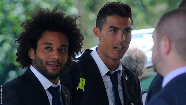 Cristiano Ronaldo (right) and Marcelo arrive at Real Madrid's base ahead of Tuesday's game.