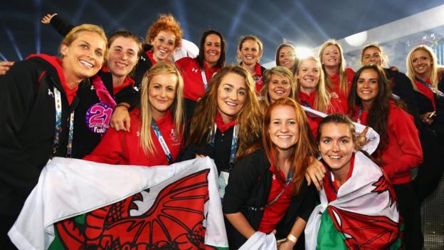 Welsh competitors soak up the atmosphere at the closing ceremony of the Commonwealth Games at Hampden Park.
