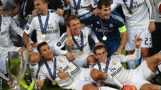 Bale and his Real Madrid team-mates celebrate their Super Cup victory.