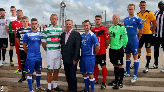 Kevin Ratcliffe with captains of Welsh Premier League sides
