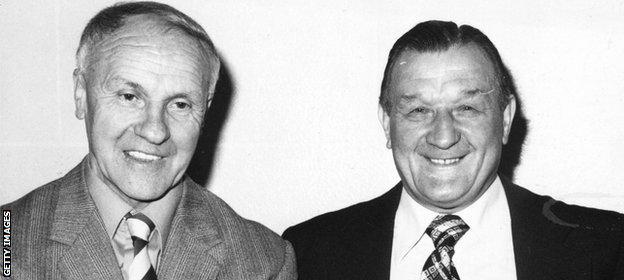 Bob Paisley celebrates his 40th year at Liverpool with former manager Bill Shankly