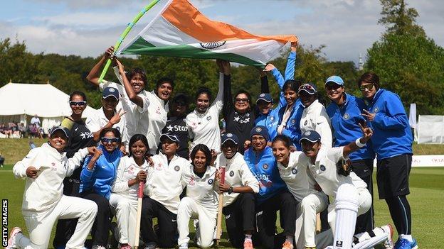 India's women celebrate their Test victory over England