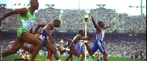 Linford Christie wins the 100m gold medal at the 1992 Olympic Games in Barcelona