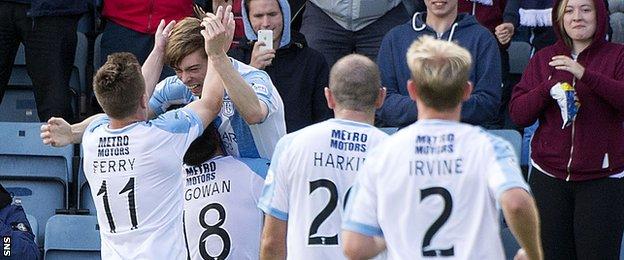 Dundee's Craig Wighton (2nd left) is hoisted into the air as he celebrates his equaliser.