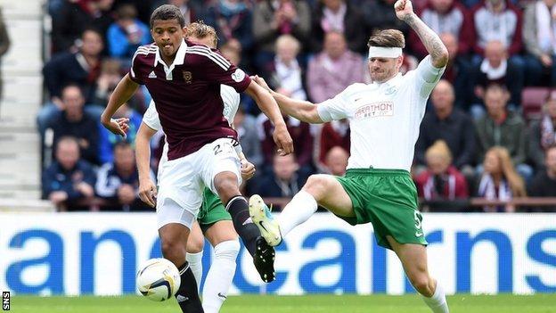 Hearts striker Osman Sow and Hibs defender Michael Nelson