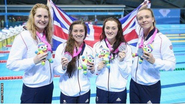 Silver medalists Jessica Fullalove, Georgina evans, Charlotte Atkinson and Amelia Maughan