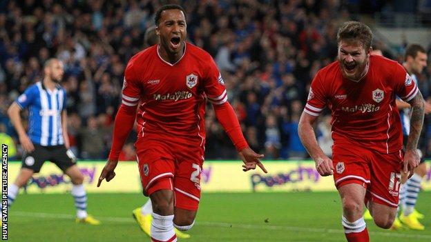 Nicky Maynard celebrates scoring for Cardiff City against Wigan