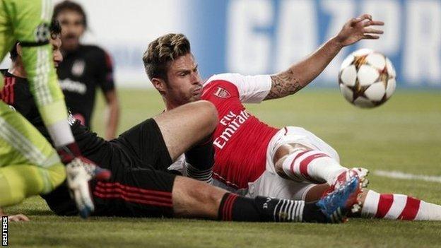 Arsenal striker Olivier Giroud tries to turn the ball in under pressure from Ramon Motta of Besiktas