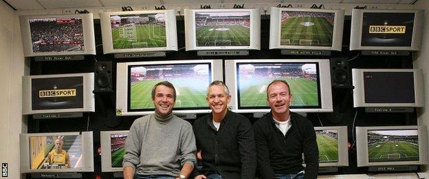 Lineker with pundits Alan Hansen and Alan Shearer, and screens showing Premier League grounds around the country, ahead of a show in 2009