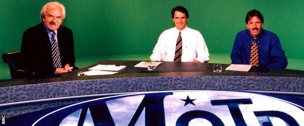 Des Lynam on the MOTD set with Alan Hansen and Mark Lawrenson in 1997