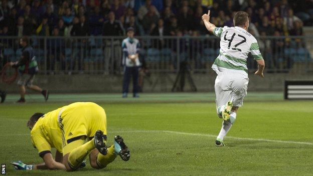 Callum McGregor celebrates after scoring for Celtic against NK Maribor
