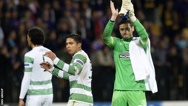 Goalkeeper Craig Gordon applauds the Celtic fans in Slovenia