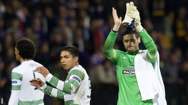 Craig Gordon applauds the Celtic fans after the draw in Slovenia