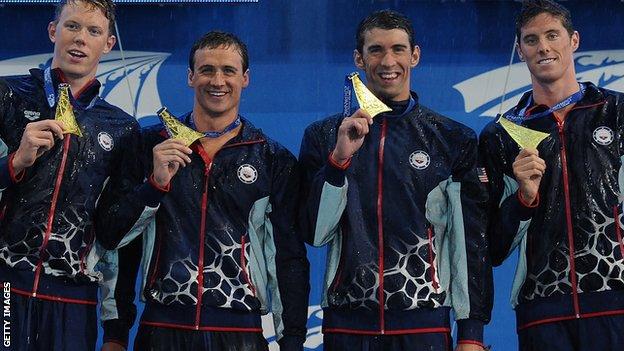 Michael Phelps with Matt Mclean, Ryan Lochte, and Coner Dwyer