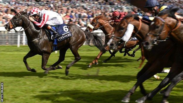 Sole Power (left) crossing the line to win the Nunthorpe Stakes