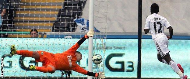 Nathan Dyer scores past Tom Heaton