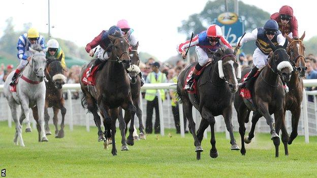 Mutual Regard (third from right) wins the Ebor Handicap