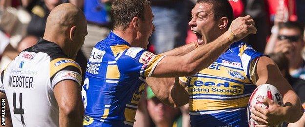 Leeds Rhino winger Ryan Hall celebrates try