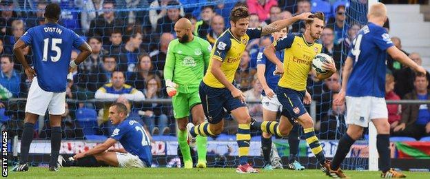 Aaron Ramsey of Arsenal (second from right) celebrates scoring his team's first goal during the Premier League match between Everton and Arsenal