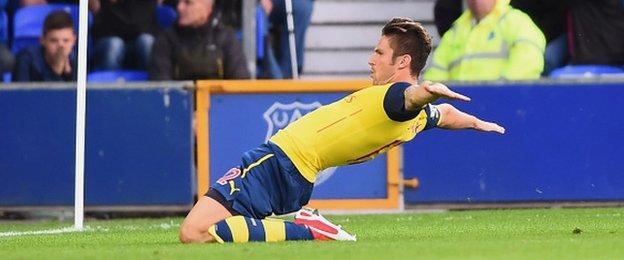 Olivier Giroud celebrates scoring for Arsenal