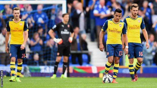 Alexis Sanchez of Arsenal (second from right) and his team-mates look dejected during the Premier League match between Everton and Arsenal