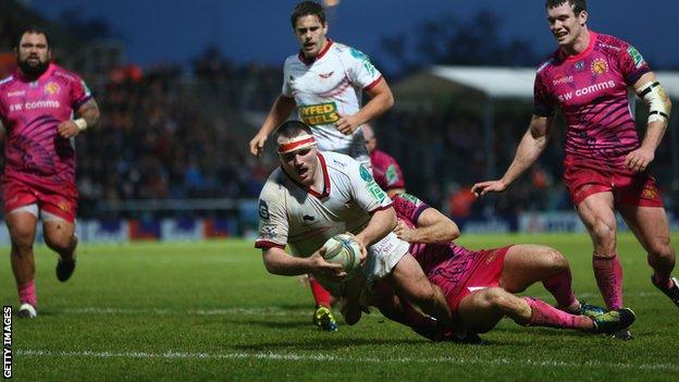 Ken Owens goes over for a try against Exeter Chiefs