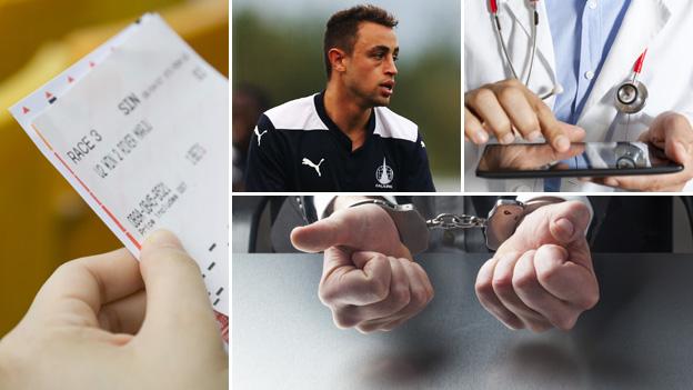 A betting slip, Falkirk player Tom Taiwo, a doctor in uniform and hands that are handcuffed