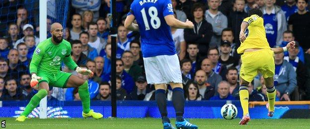 Chelsea's Diego Costa scores his first goal against Everton