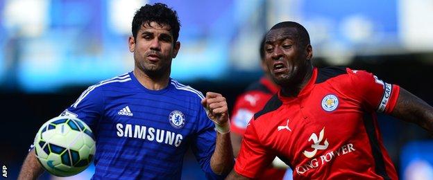 Diego Costa (left) challenges Leicester City's Wes Morgan