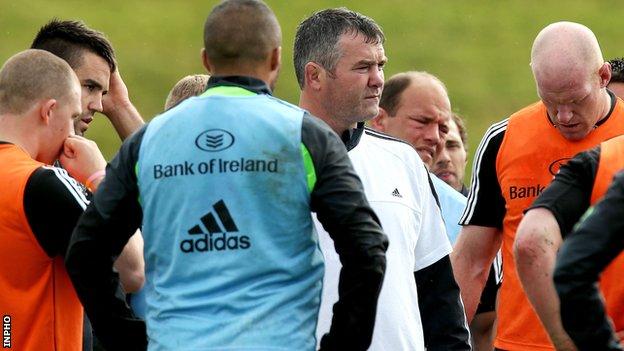 Coach Anthony Foley with Munster players at pre-season training