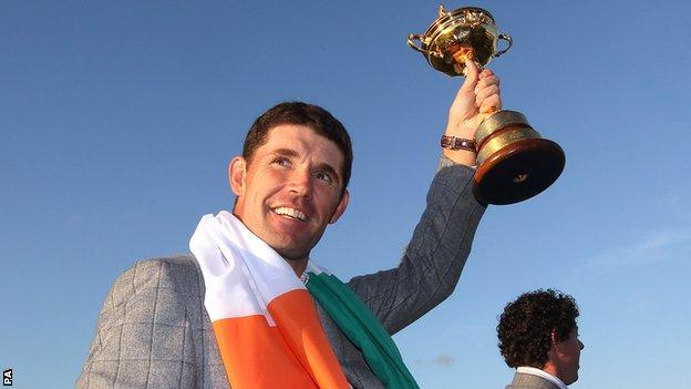 Padraig Harrington with the Ryder Cup trophy