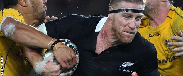 Brad Thorn on the charge for the All Blacks against Australia