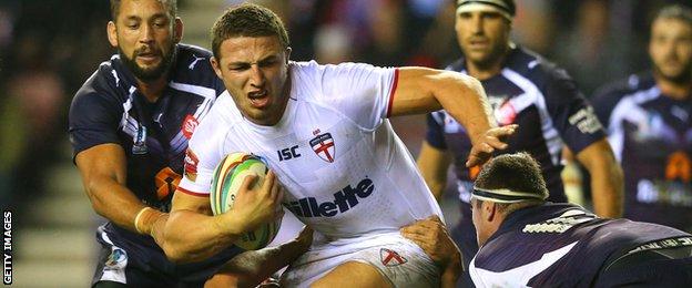 Sam Burgess in action for England against France at the 2013 Rugby League World Cup