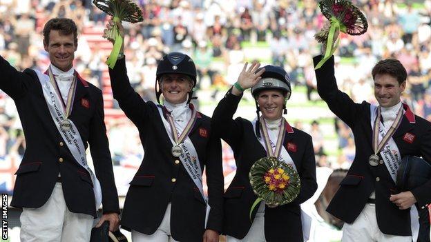 Great Britain's (from left) William Fox-Pitt, Kristina Cook, Zara Phillips and Harry Meade