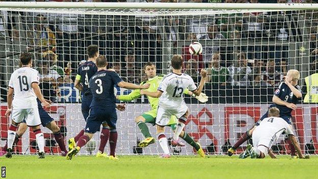Thomas Muller scores for Germany against Scotland
