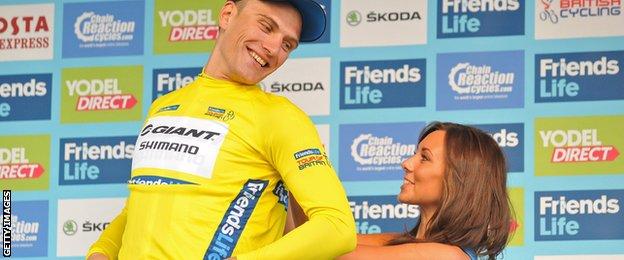 Marcel Kittel is awarded the race leader's jersey after winning stage one in Liverpool