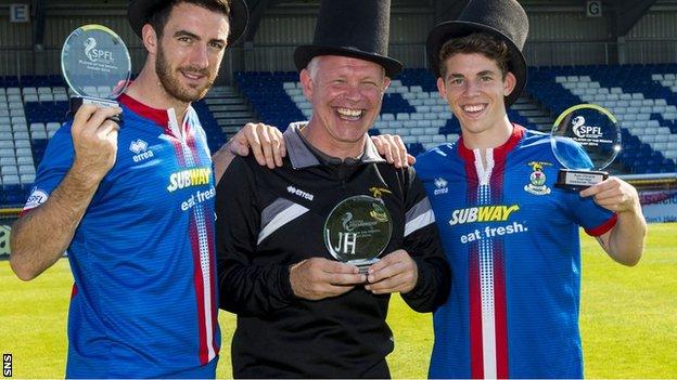 SPFL manager of the month for August John Hughes is flanked by Ross Draper and Ryan Christie, who won player and young player of the month respectively