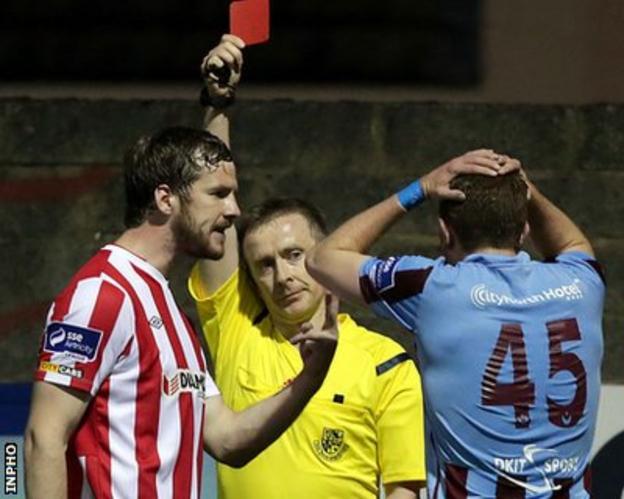 Defender Peter McGlynn was the first Drogheda player sent-off by referee Derek Tomney