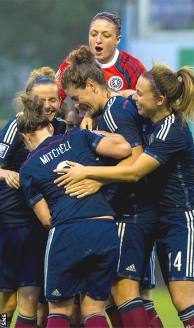 Scotland players celebrate Jenny Beattie's goal